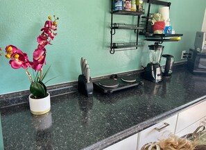 Fridge, microwave, coffee/tea maker, toaster