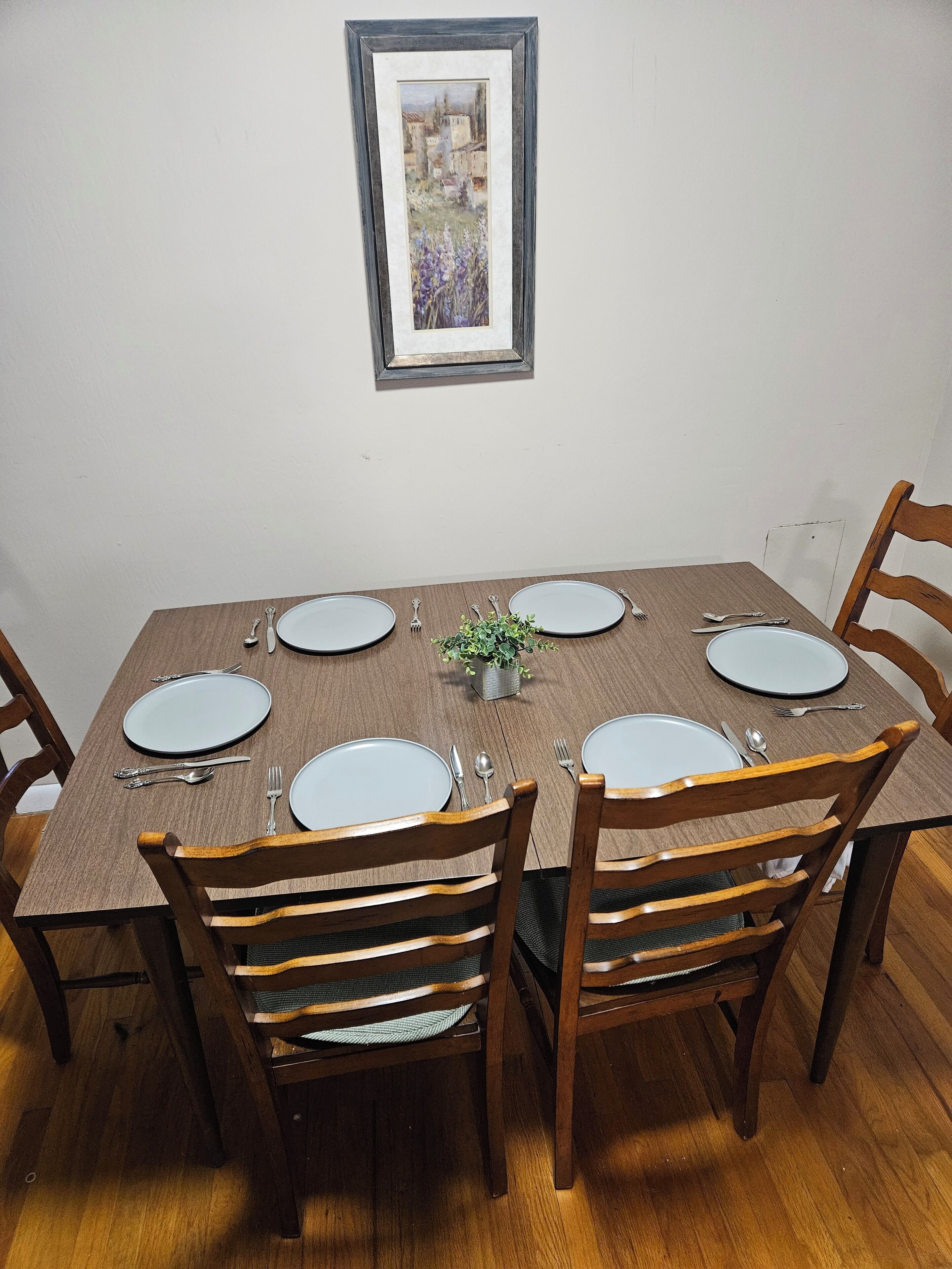 A dining table set for four with wooden chairs, a framed picture on the wall, and a small plant on the table.
