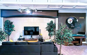 TV connectée, cheminée, livres