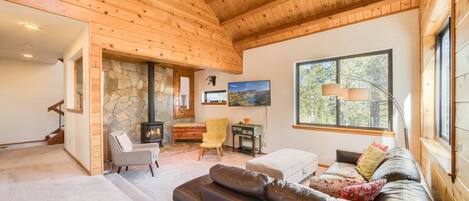 Smart TV, fireplace, video library