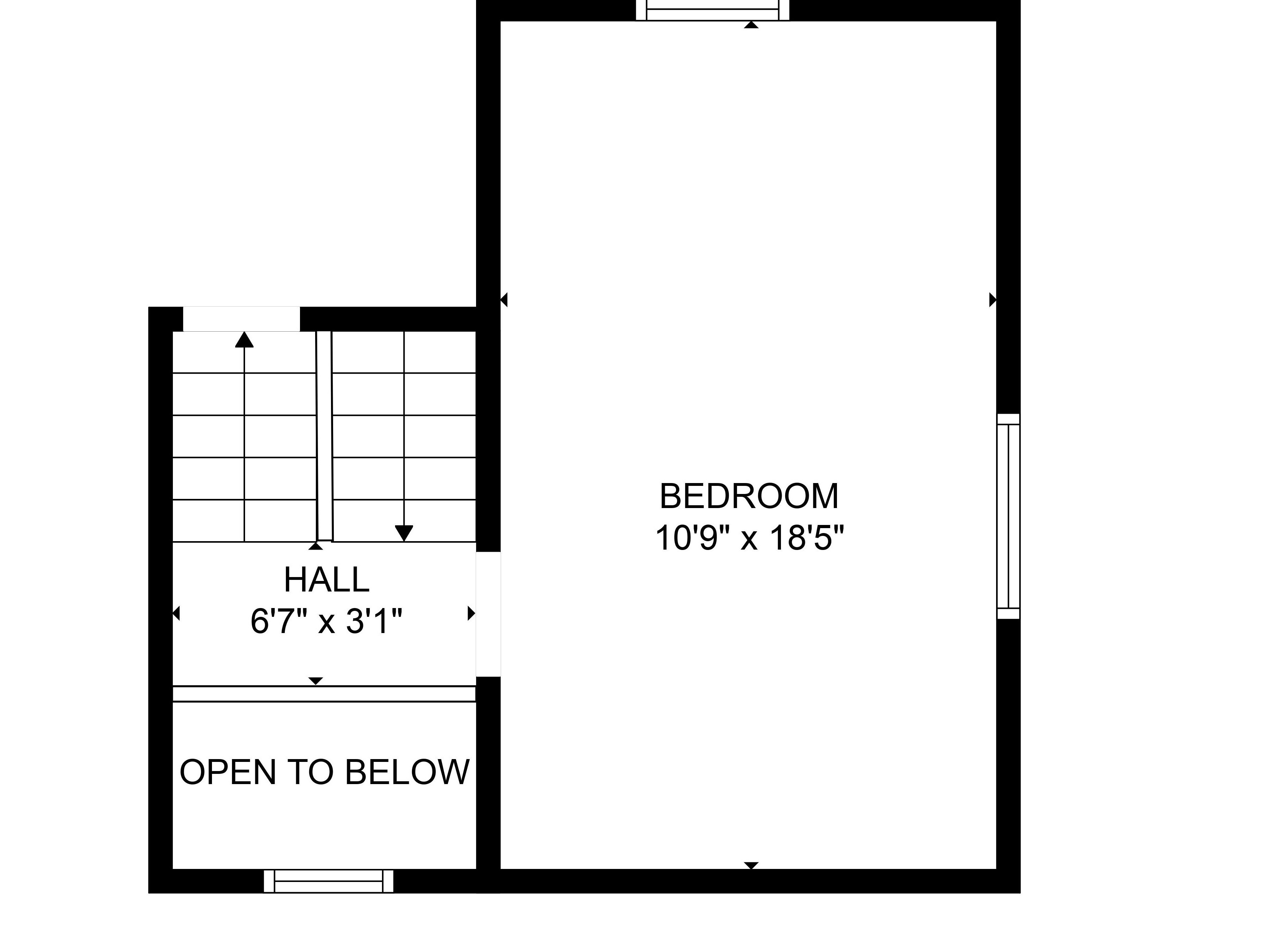 Een slaapkamer van 3,3 meter bij 5,6 meter en een hal van 2 meter bij 0,9 meter.
