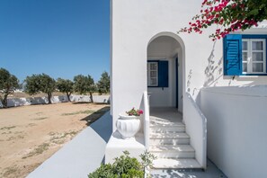 Un bâtiment blanc avec des volets bleus, un escalier menant à l’entrée et un pot de fleurs contenant une plante aux fleurs roses.
