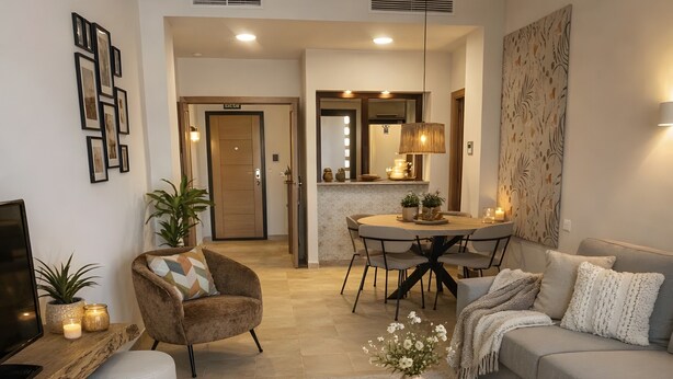 A modern living room with a sofa, coffee table, TV, and dining area.