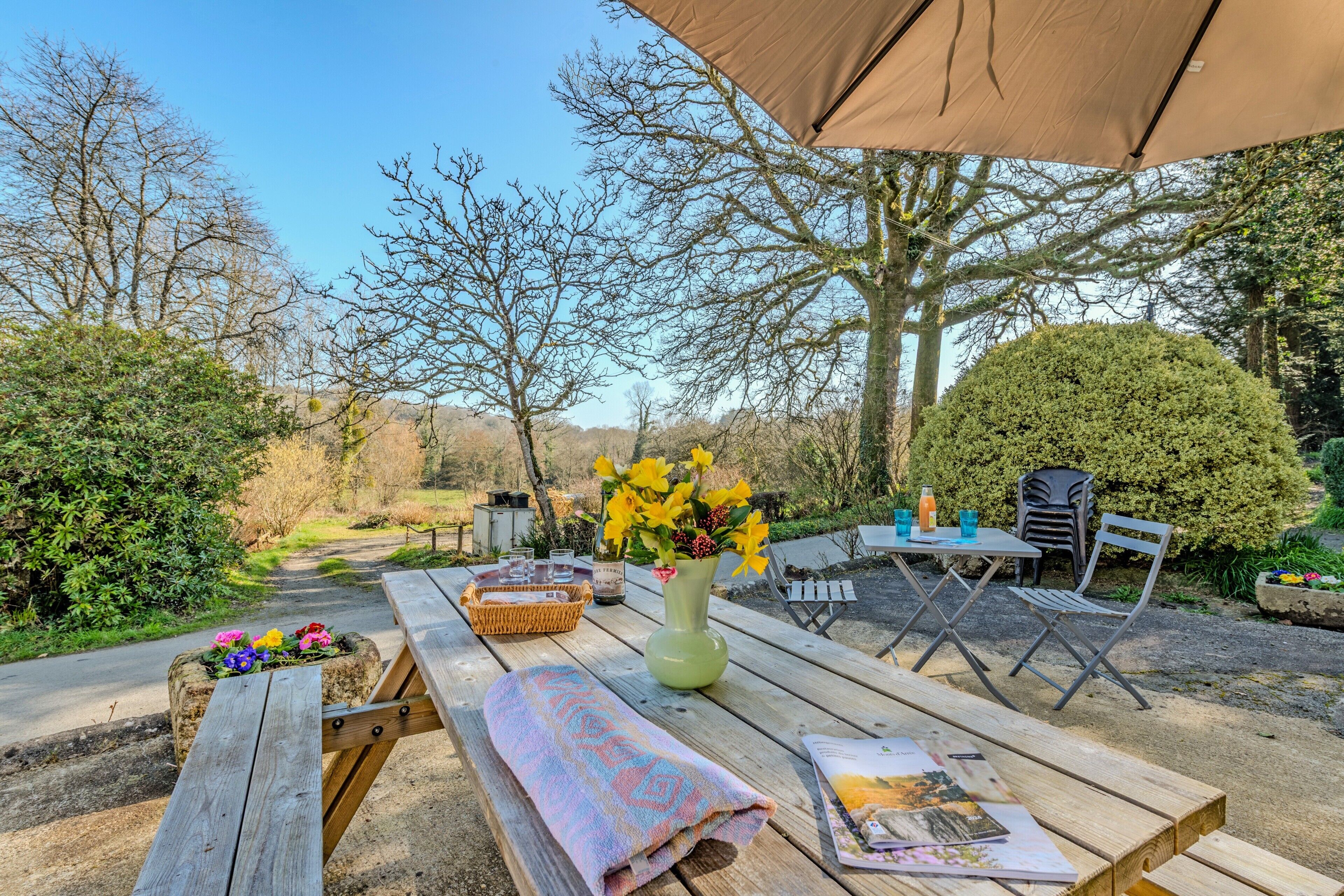 Ein Holztisch für ein Picknick mit Decke, Blumen in einer Vase und einer Korb voller Getränke.