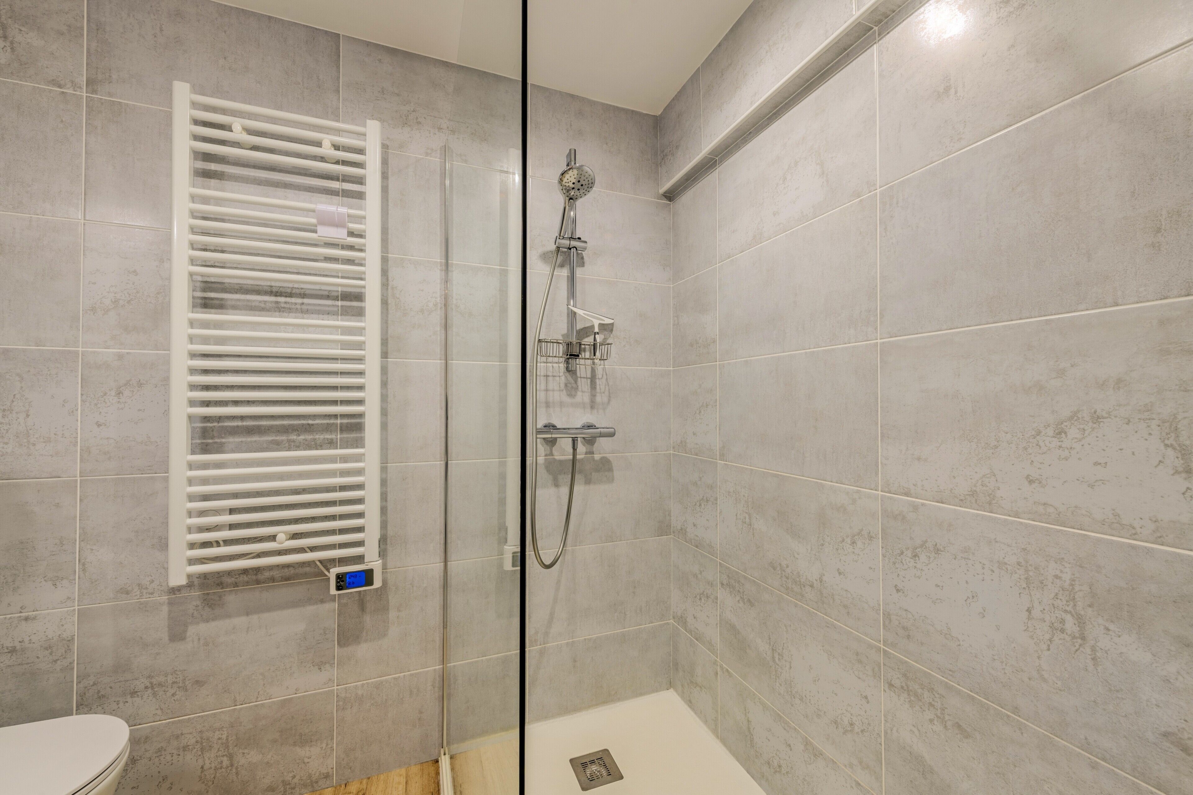Ein modernes Badezimmer mit Duschkabine aus Glas, einer weißen Toilette und einem Handtuchhalter.