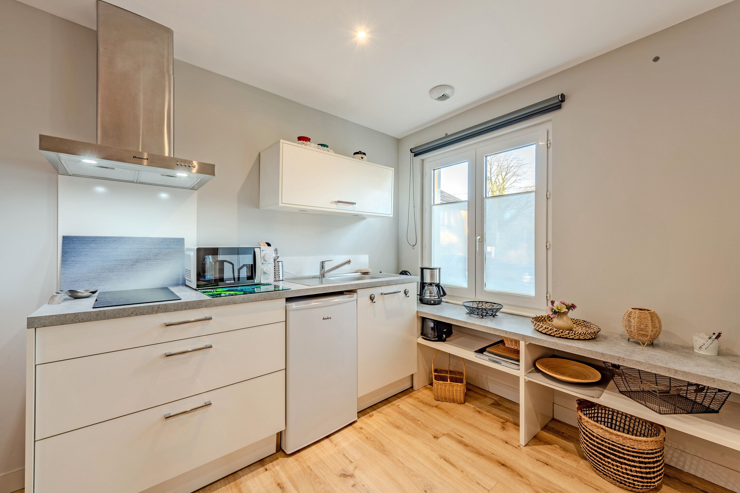 Fridge, microwave, stovetop, coffee/tea maker