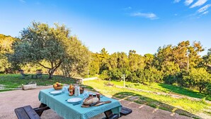 A picnic table set outdoors with a checkered tablecloth, surrounded by greenery and trees. - T2 Gabriello by Interhome (Solenzara)