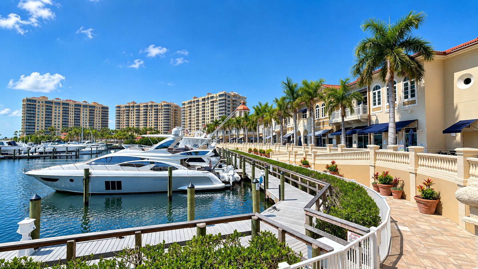 A marina with yachts docked, a wooden walkway, and a row of palm trees.