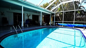 Una piscina con borde de azulejos, un patio techado con sillas y mesas, y vistas a palmeras a través de un recinto de vidrio.