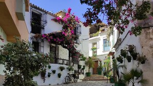 A cobblestone courtyard with potted plants and a bicycle. - Luxury Duplex Infinity Pool - EHHouse (Estepona)