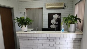 Een receptiezone met een witte bakstenen muur, een wit aanrecht, twee potplanten, een ingelijst schilderij en een luchtverkoeler.