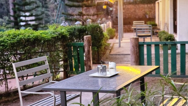 Ένα τραπέζι με ένα μεταλλικό βραστήρα και ένα λευκό φλιτζάνι, τοποθετημένο ανάμεσα σε πράσινο φυλλώδες περιβάλλον και έναν ξύλινο φράχτη.