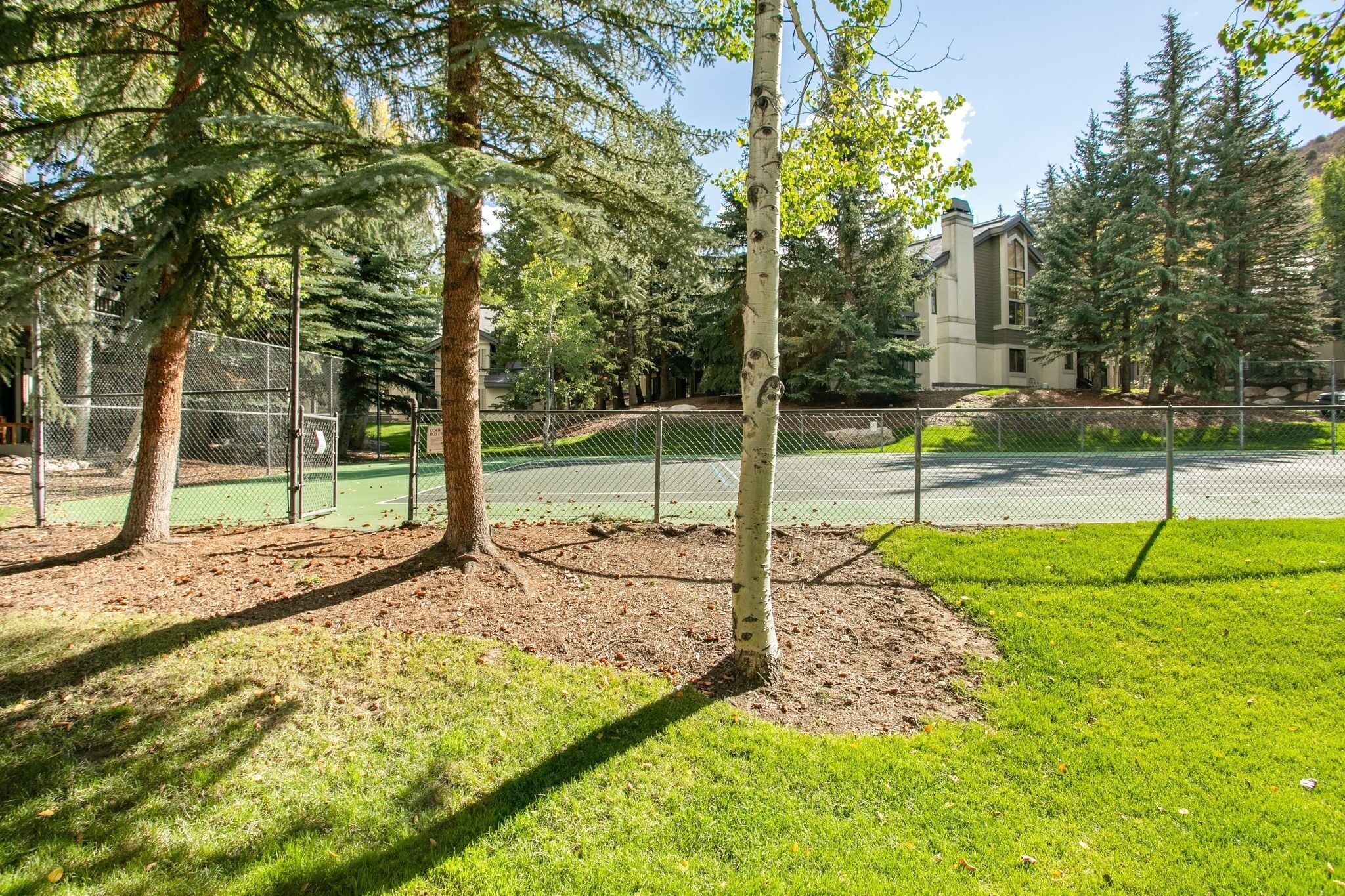A tennis court surrounded by trees and a building in the background.
