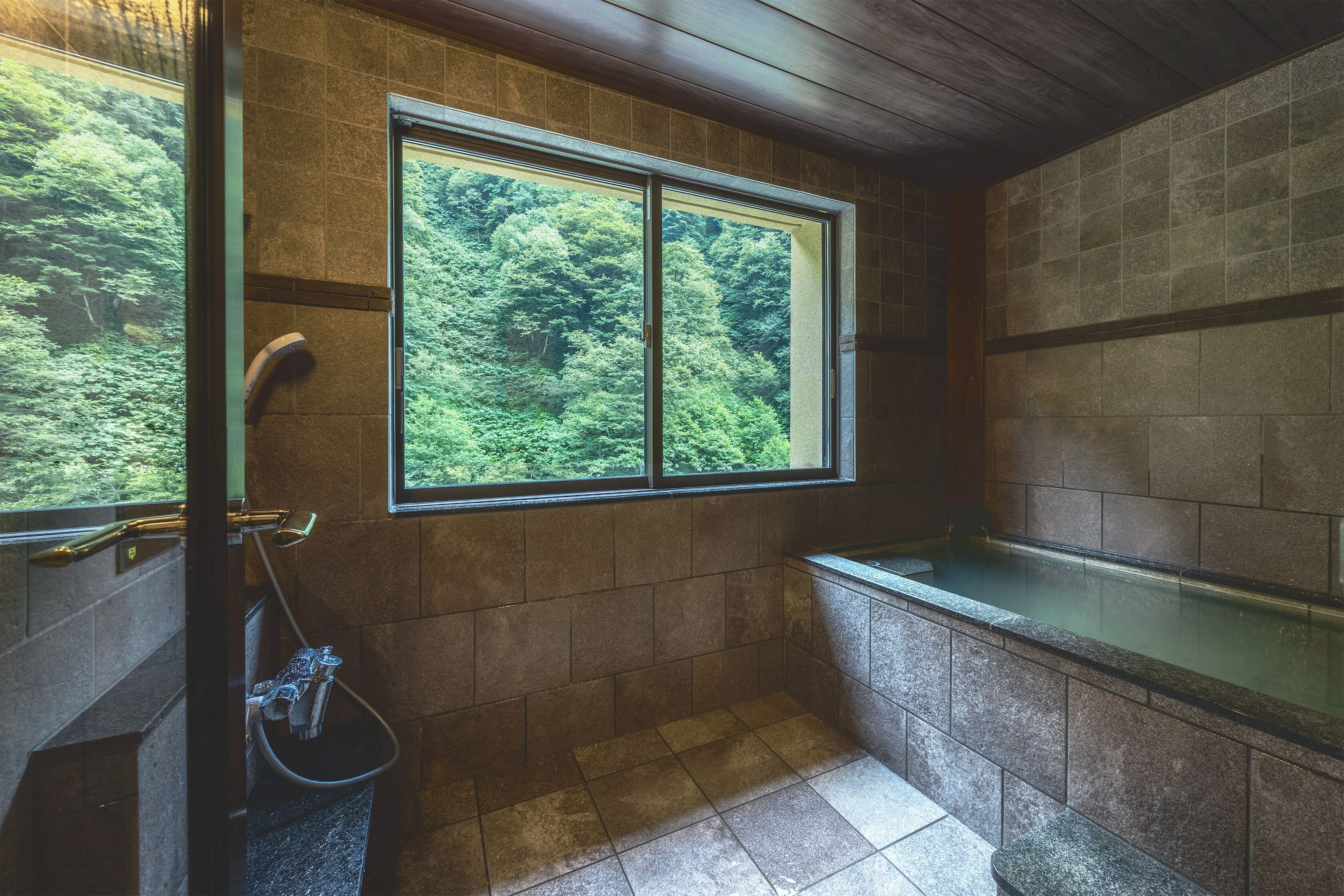 A bathroom with a bathtub, a window with a view of a forest, and a shower area.