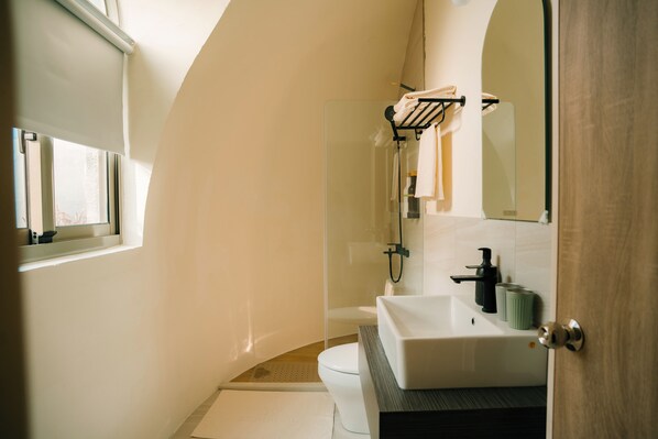 A modern bathroom with a white sink, a glass shower enclosure, and a toilet.