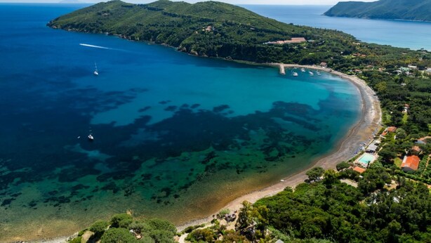 Vista aérea de una zona costera con playa, aguas cristalinas y vegetación circundante.