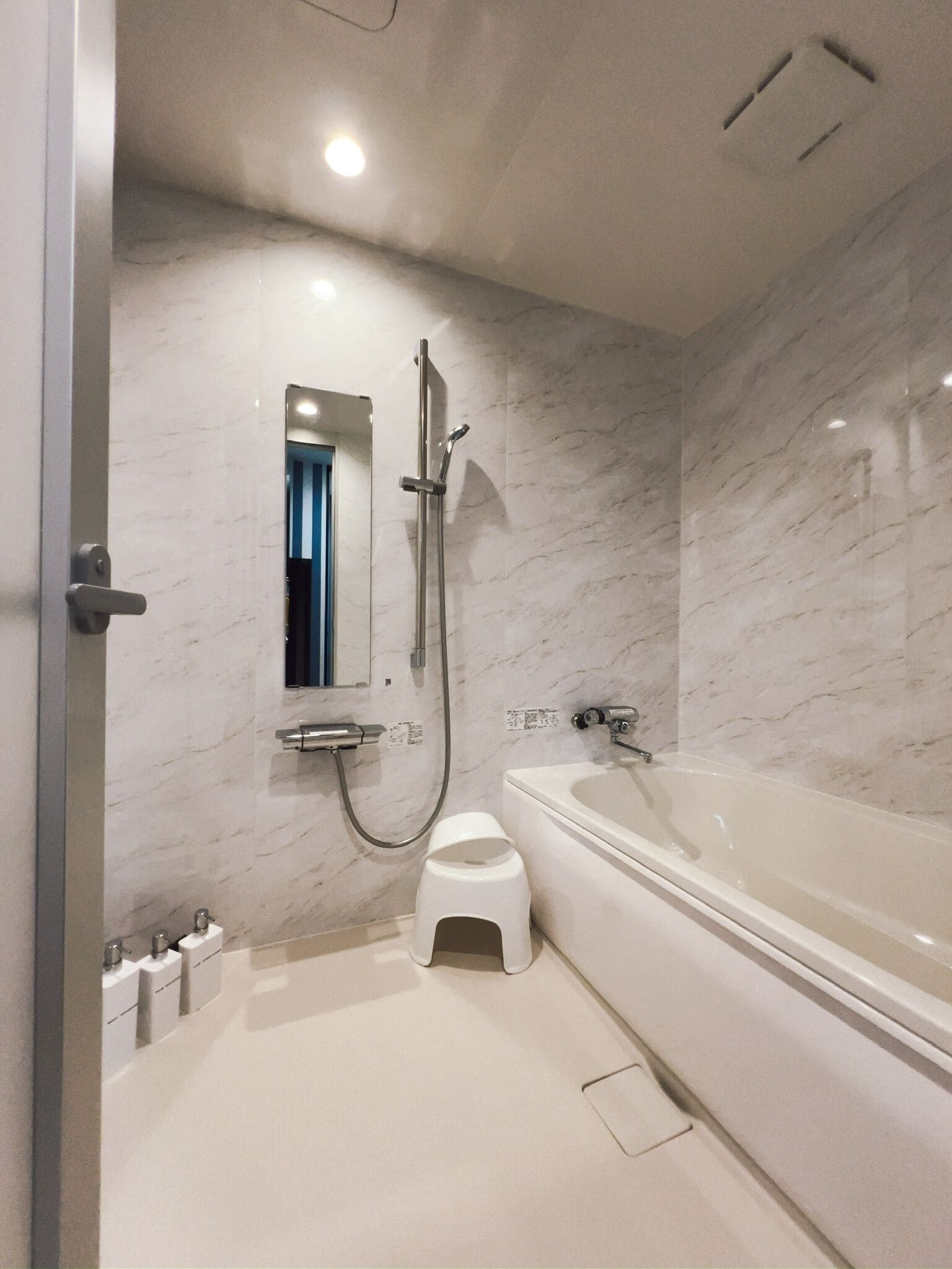 A modern bathroom with a large bathtub, a shower, and a toilet.