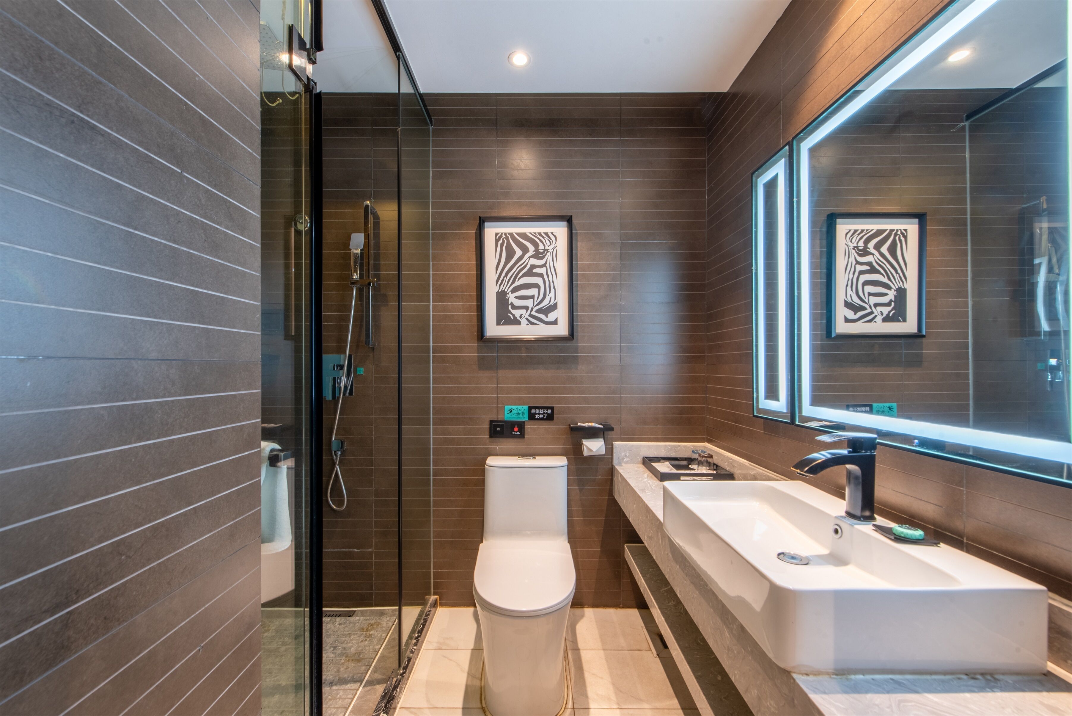 A modern bathroom with a glass shower enclosure, a white toilet, and a large sink with a mirror.