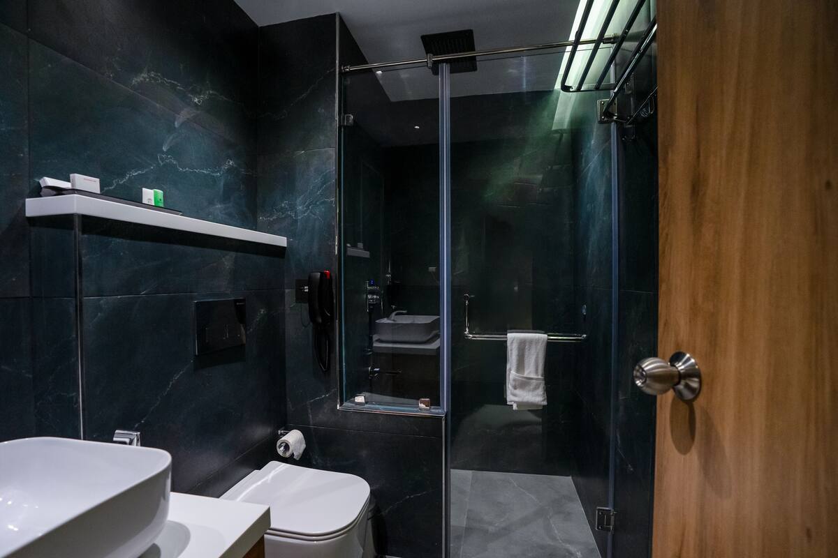 A modern bathroom with a glass-enclosed shower, a white sink, and a toilet.