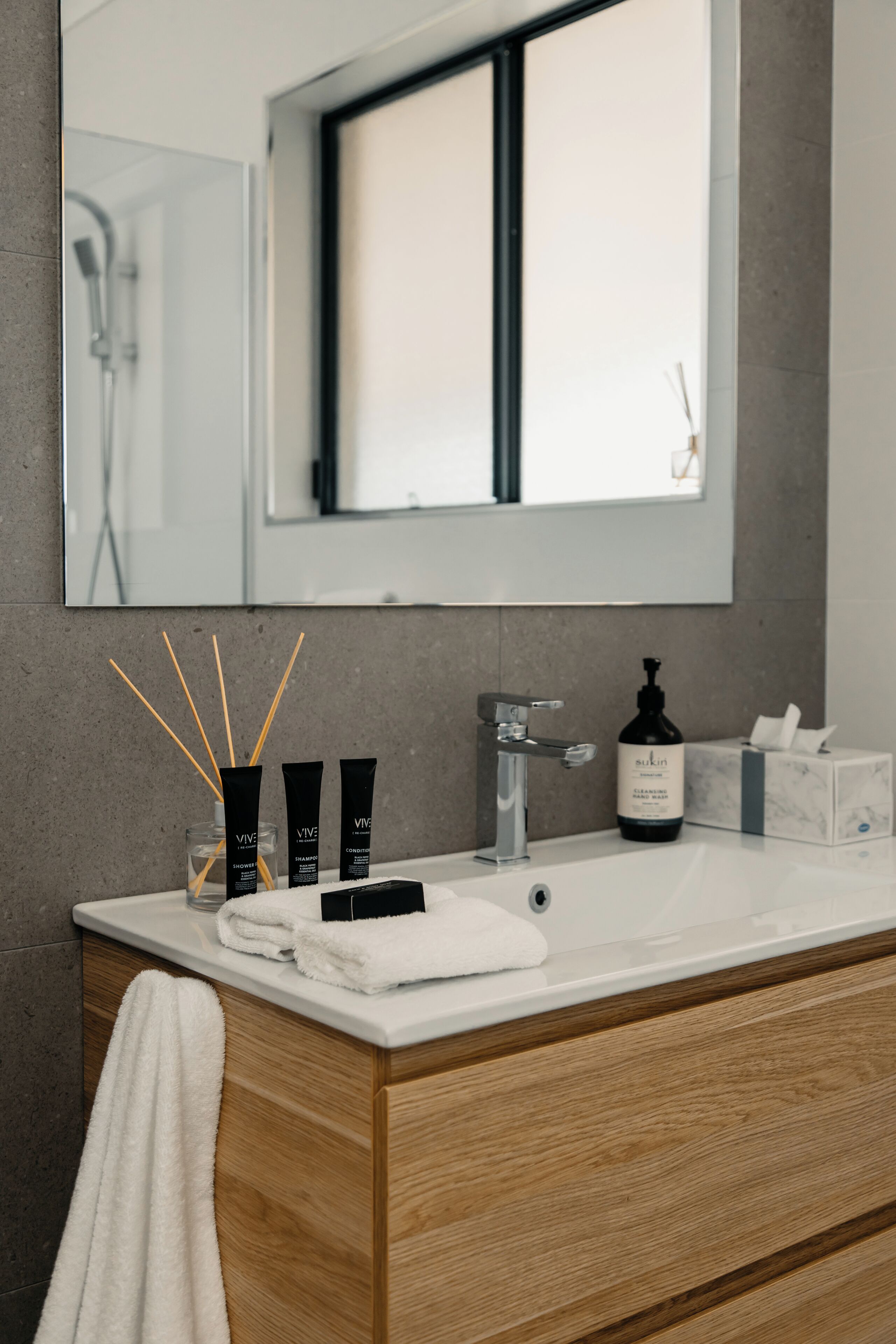 Shower, hair dryer, towels, toilet paper
