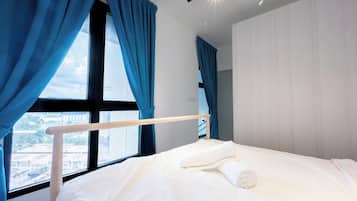 1 bedroom, memory-foam beds, desk, blackout curtains