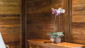 Un intérieur en bois, avec un meuble en bois et deux plantes en pot.