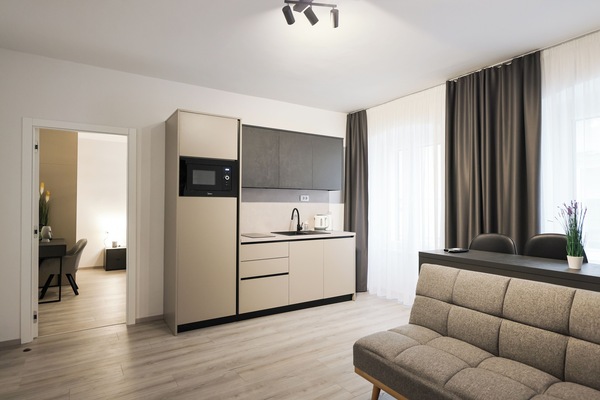 Apartamento Deluxe, vistas a la ciudad | Cocina privada | Frigorífico pequeño, microondas, placa de cocina y utensilios de cocina