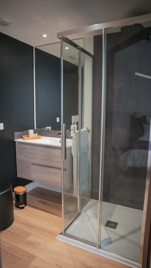 Une salle de bain moderne avec une douche à parois de verre, un meuble-lavabo en bois et un miroir.