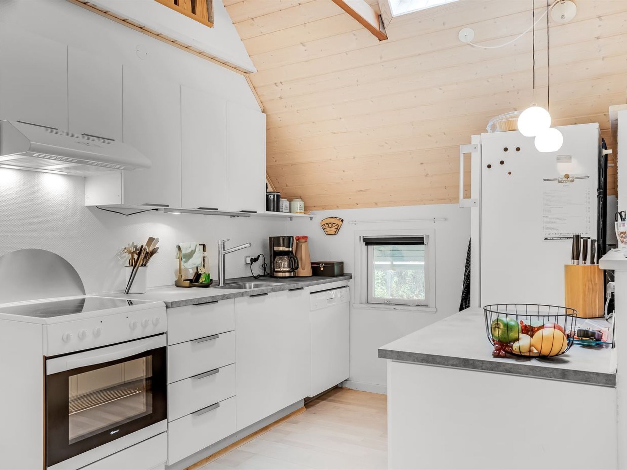 Fridge, microwave, dishwasher, cookware/dishes/utensils