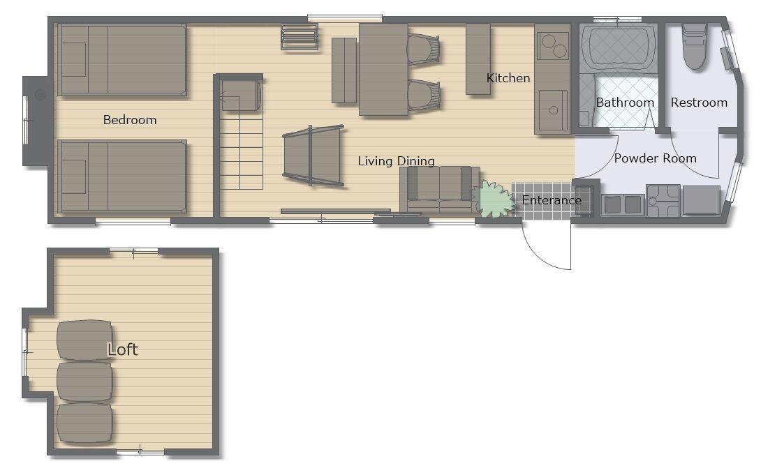 Plano de planta de un hotel que muestra un dormitorio, sala de estar, comedor, cocina, baño y aseo, además de la entrada.