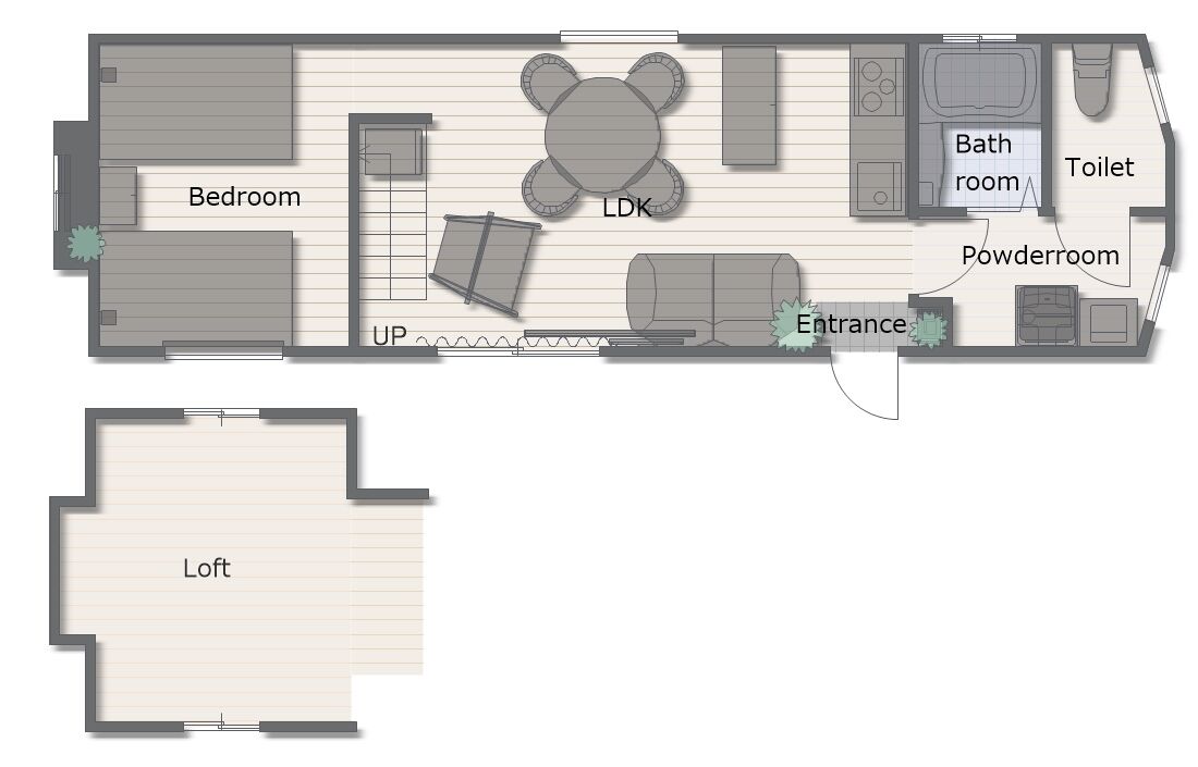 A hotel room layout with a bedroom, living area, bathroom, powder room, and entrance.