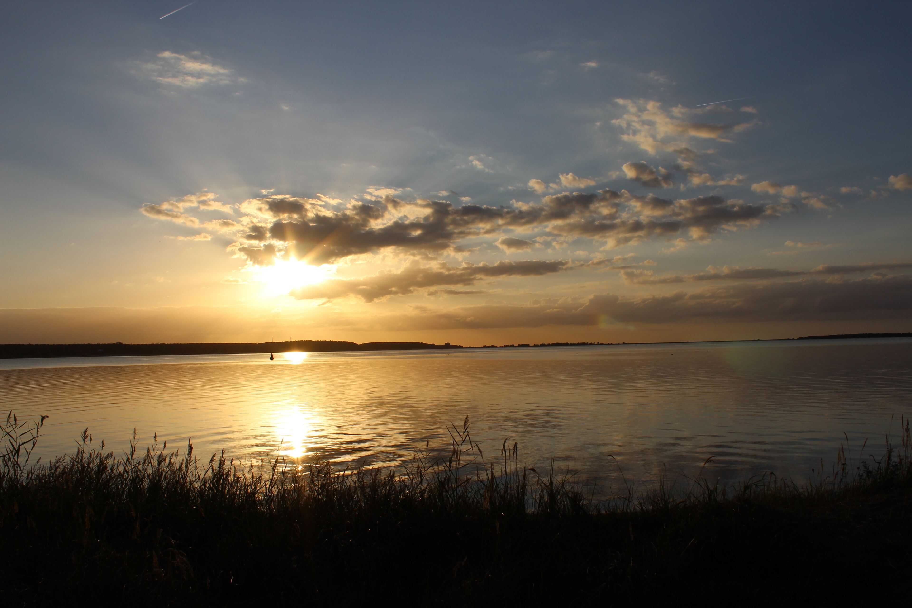 A calm lake at sunset with a distant shoreline and sparse vegetation in the foreground.