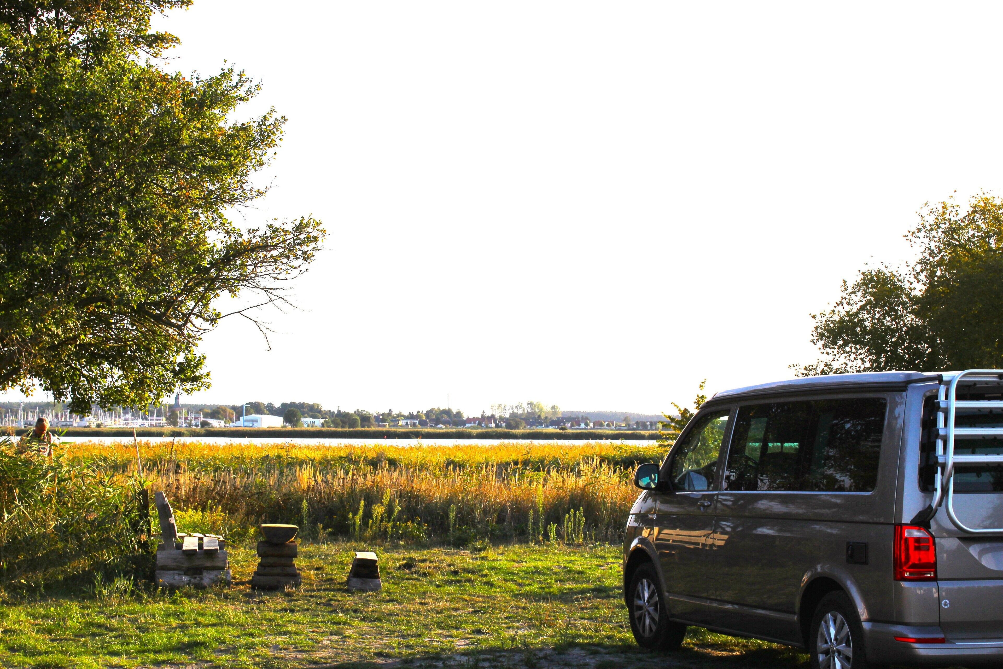A parked vehicle in a grassy area with a body of water and trees in the background.