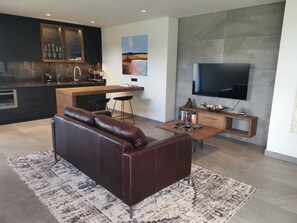 Smart TV, fireplace, books