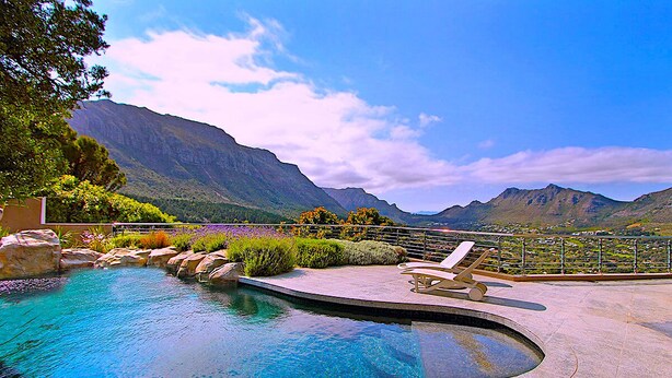 Une piscine à bord incurvé, entourée de rochers et de plantes, avec une montagne en toile de fond.