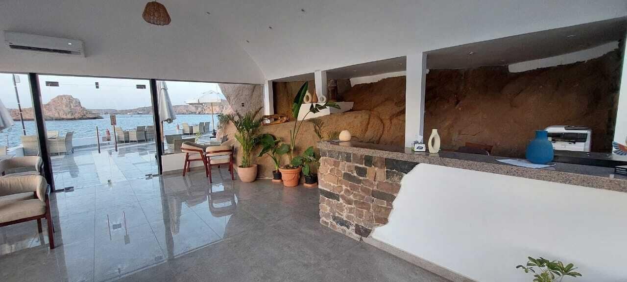 Amplio espacio interior con un gran ventanal que da a un balcón con vistas al mar. Varias plantas en macetas, una pared de piedra y una encimera con fregadero.