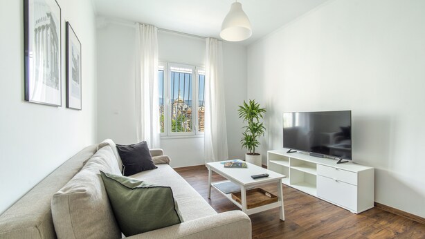 A modern living room with a sofa, a coffee table, a TV stand, and a potted plant. - Superb flat in historic centre of Athens (Athens)