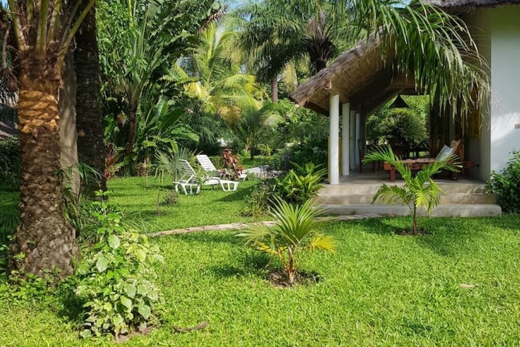 A lush garden with a thatched-roof structure, white lounge chairs, and a variety of tropical plants.