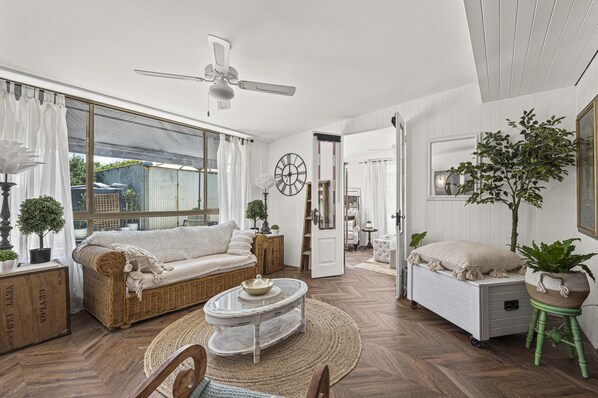 TV, fireplace, books