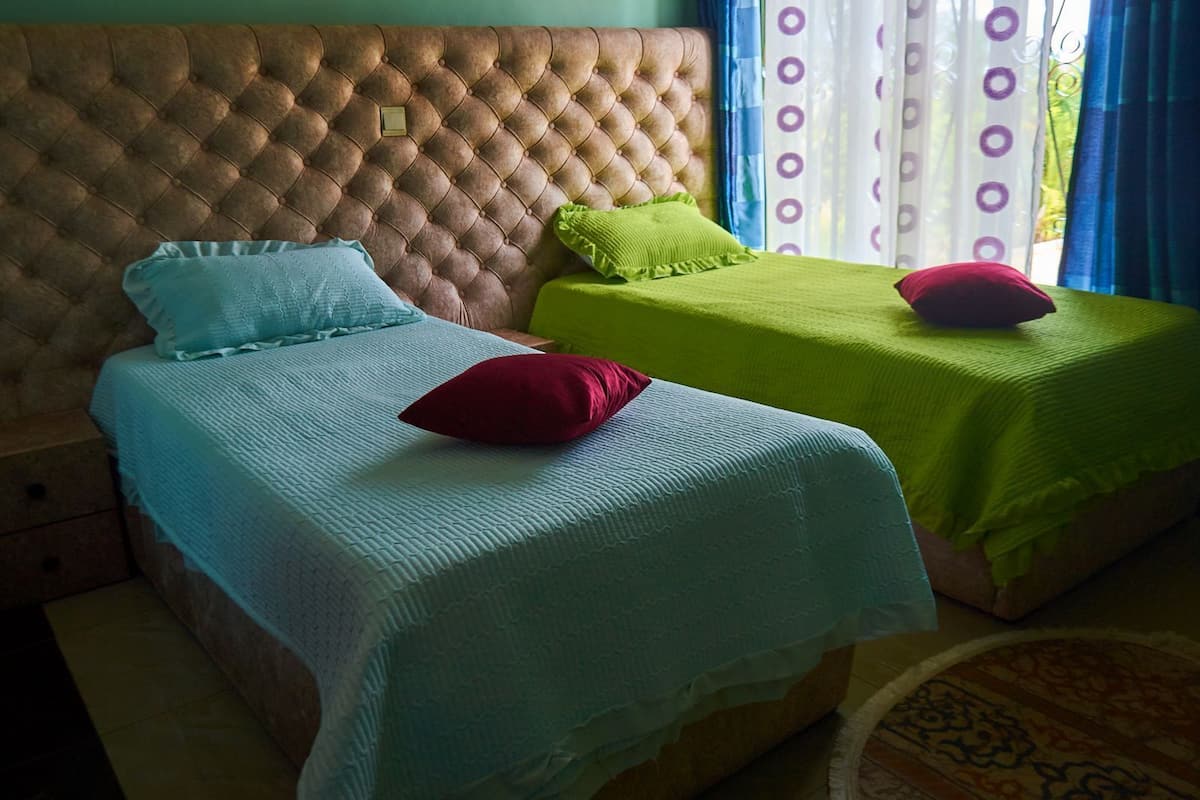 Un dormitorio con dos camas, cada una con un edredón y almohadas de diferente color.