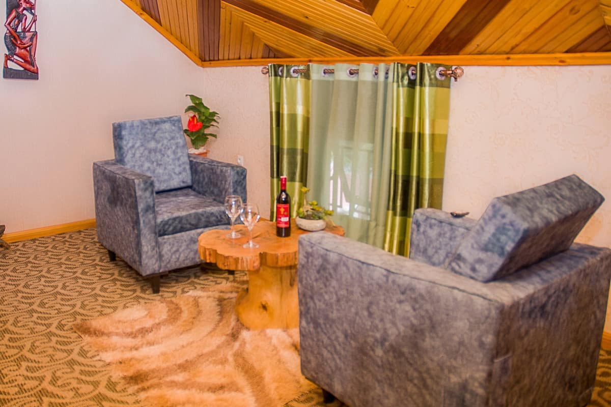 Una sala acogedora con dos sillones azules, una mesa de centro de madera y una botella de vino.