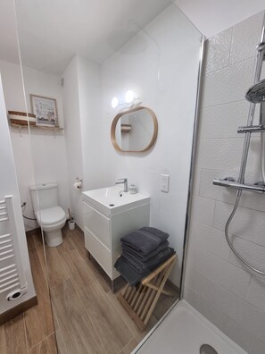 シャワー、ヘアドライヤー、タオル、トイレットペーパー
