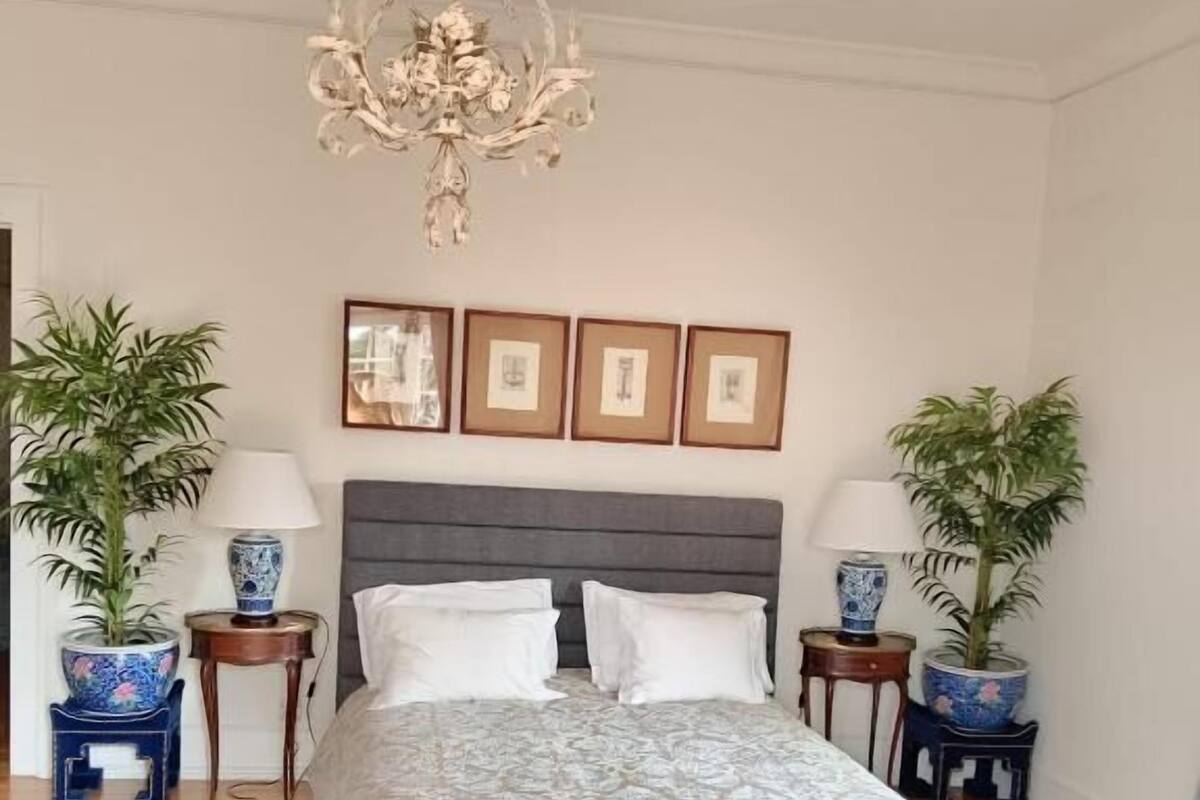 Un dormitorio con una cama grande, una araña, cuadros enmarcados en la pared y dos plantas en macetas.