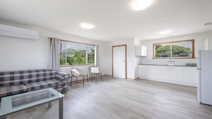 A modern apartment with a living area, a dining space, and a kitchen.