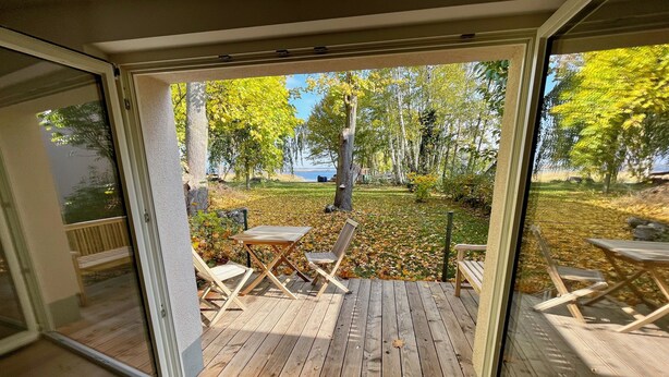 Un terrazzo in legno con una porta vetrata che dà su un giardino con alberi e una panchina.