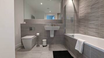 Shower, hair dryer, shampoo