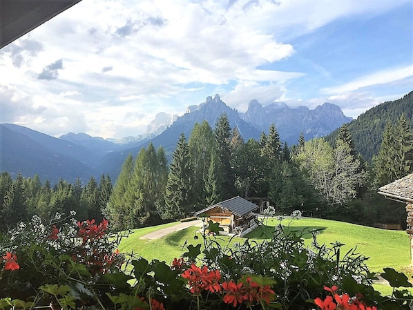 A mountain cabin with a view of towering peaks, surrounded by dense forest and a well-maintained lawn.