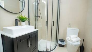 Shower, hair dryer, towels, shampoo