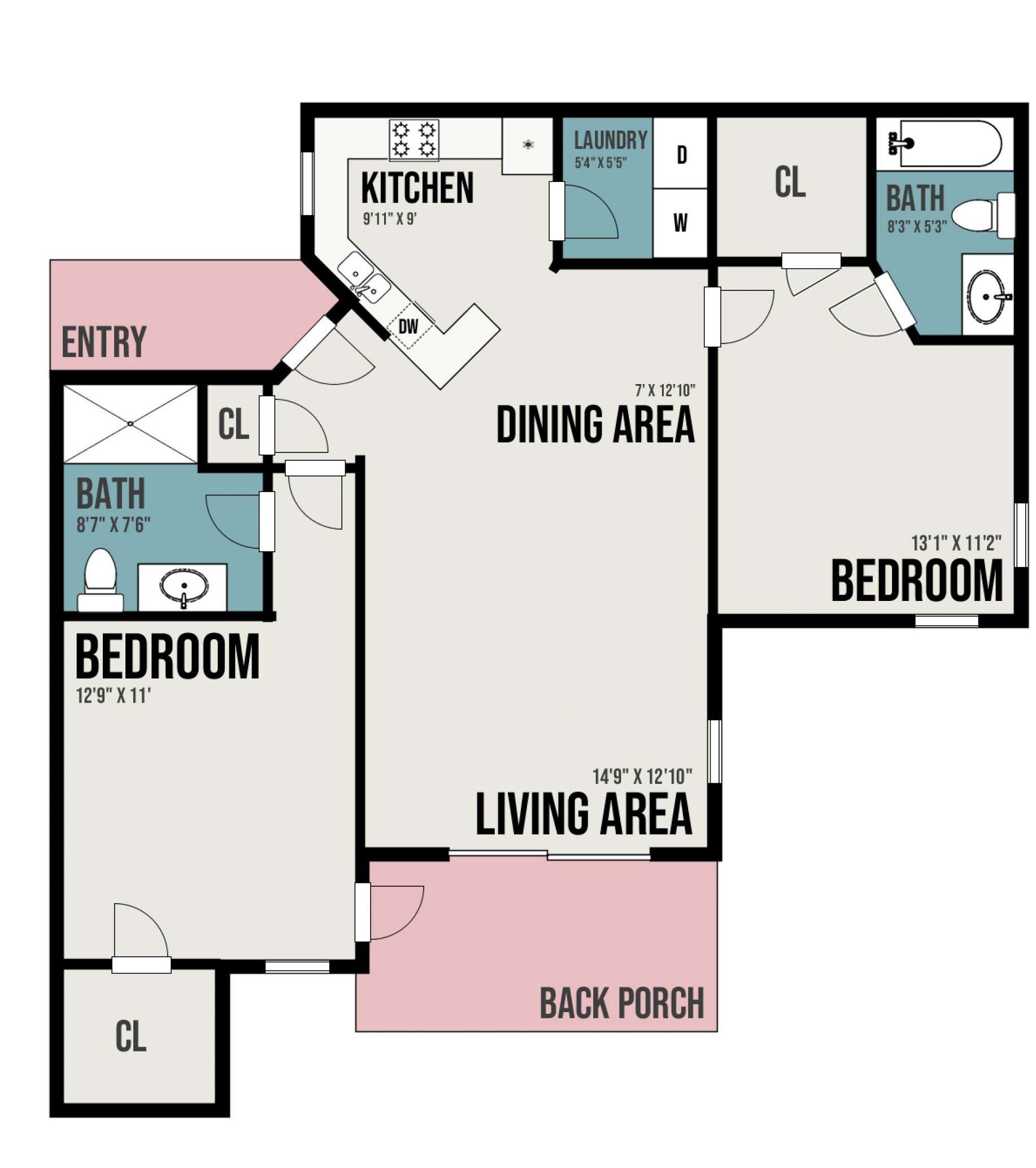 Ein Grundriss eines Hauses mit Schlafzimmer, Badezimmer, Küche, Essbereich, Wohnbereich und Eingang.