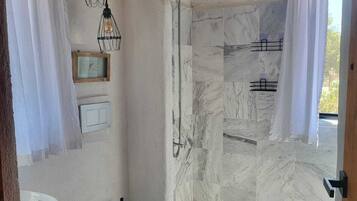 Hair dryer, towels, soap, toilet paper